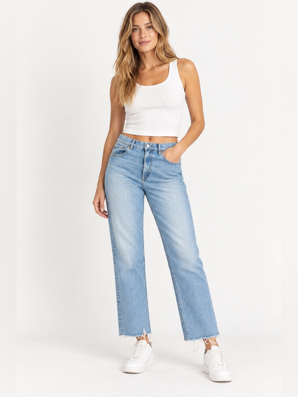 GRLFRND Reed High Rise Straight Leg Jeans 29 Light Wash Raw Hem Coastal Y2K